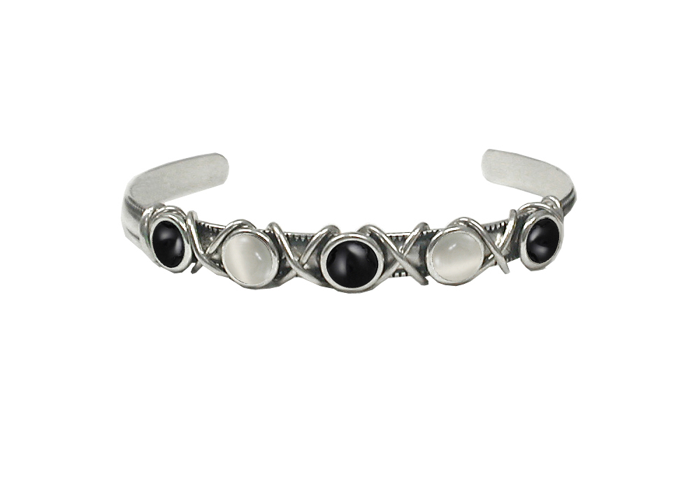 Sterling Silver Cuff Bracelet With Black Onyx And White Moonstone